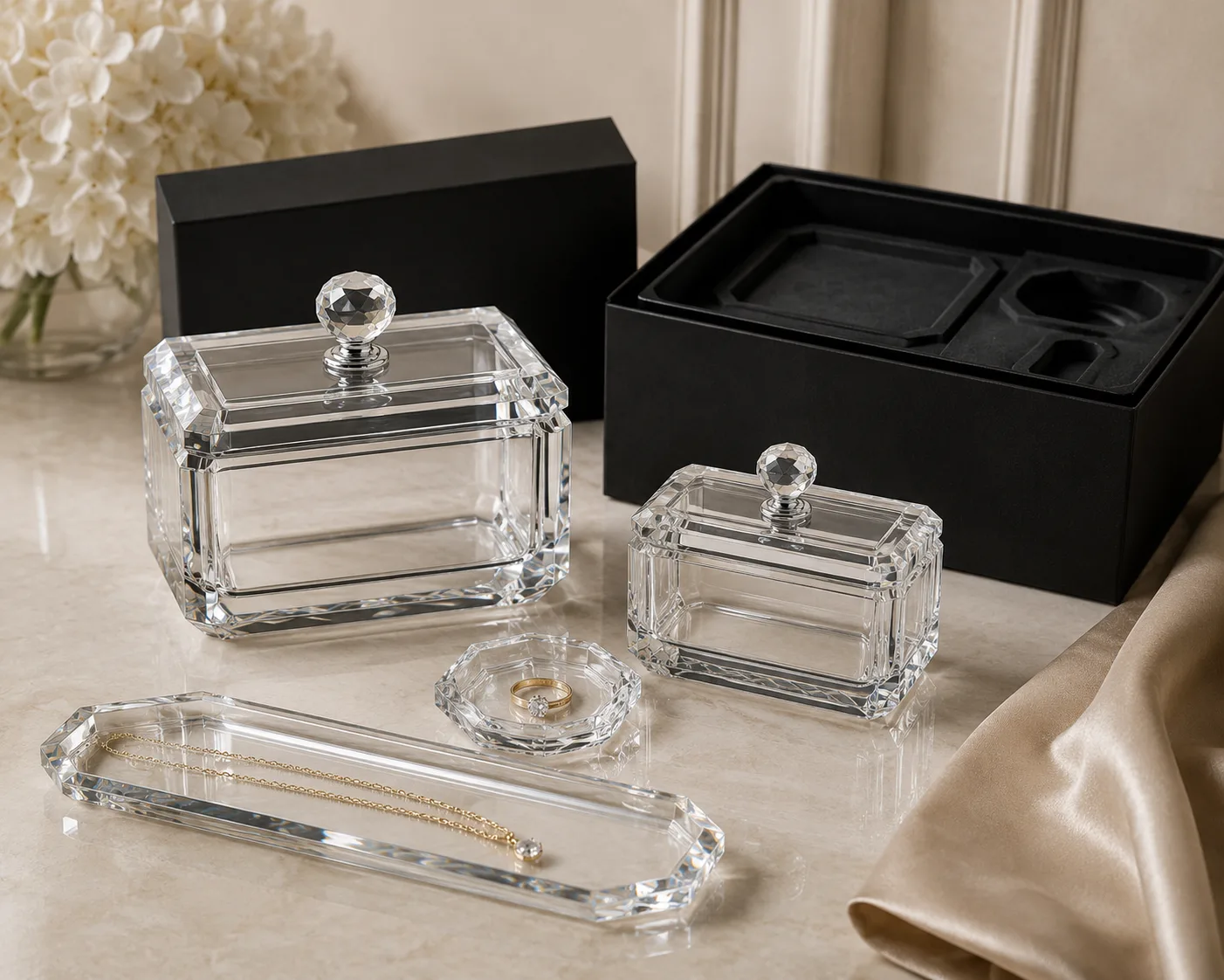Close-up of Cut Glass Jewelry Box showing the rim, base and faceted detail.