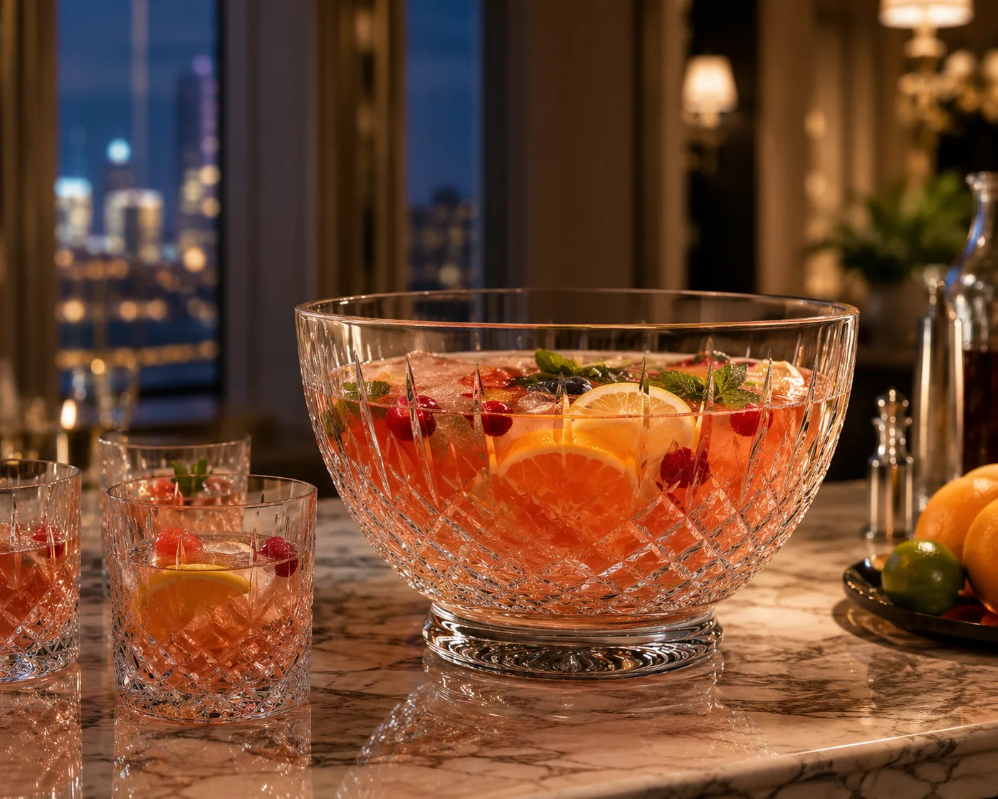 Cut Glass Punch Bowl in a tabletop presentation for punch and beverages.
