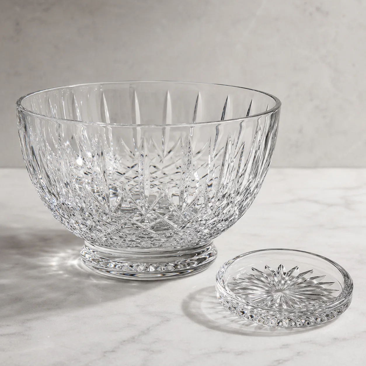 Angled side view of Cut Glass Punch Bowl showing the outer profile