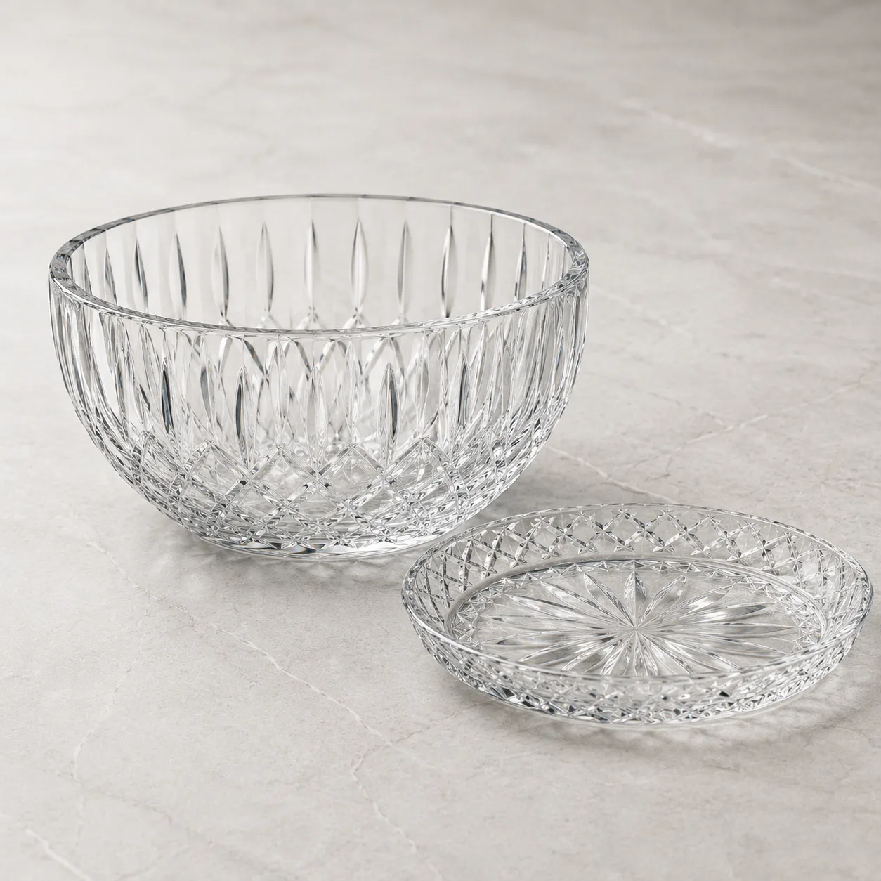 Angled side view of Cut Glass Serving Bowl showing the outer profile
