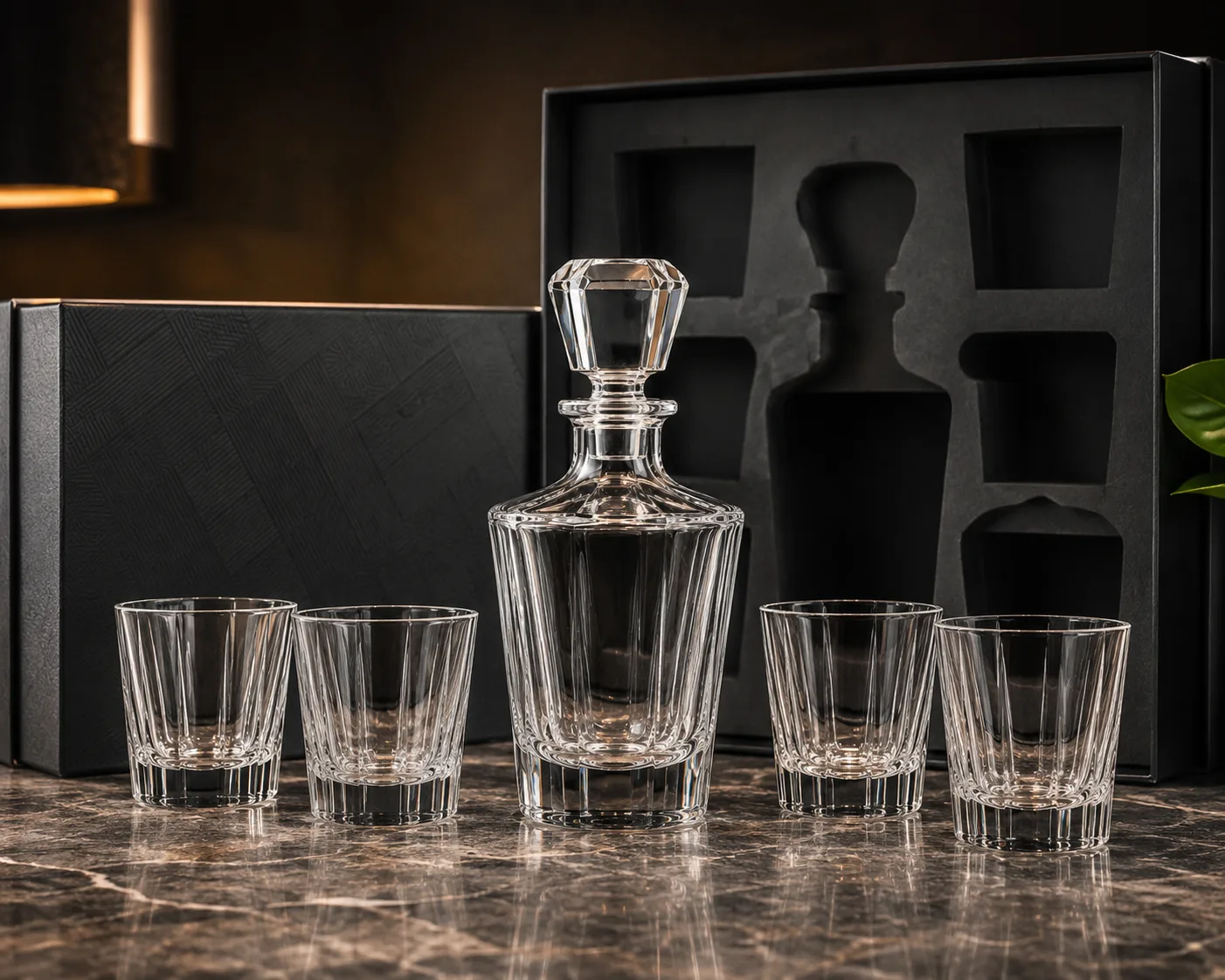 Close-up of Cut Glass Spirit Decanter showing the rim, base and faceted detail.