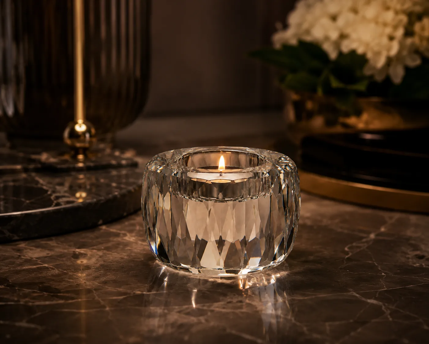 Cut Glass Tealight Holder in a tabletop presentation for tealights and candles.