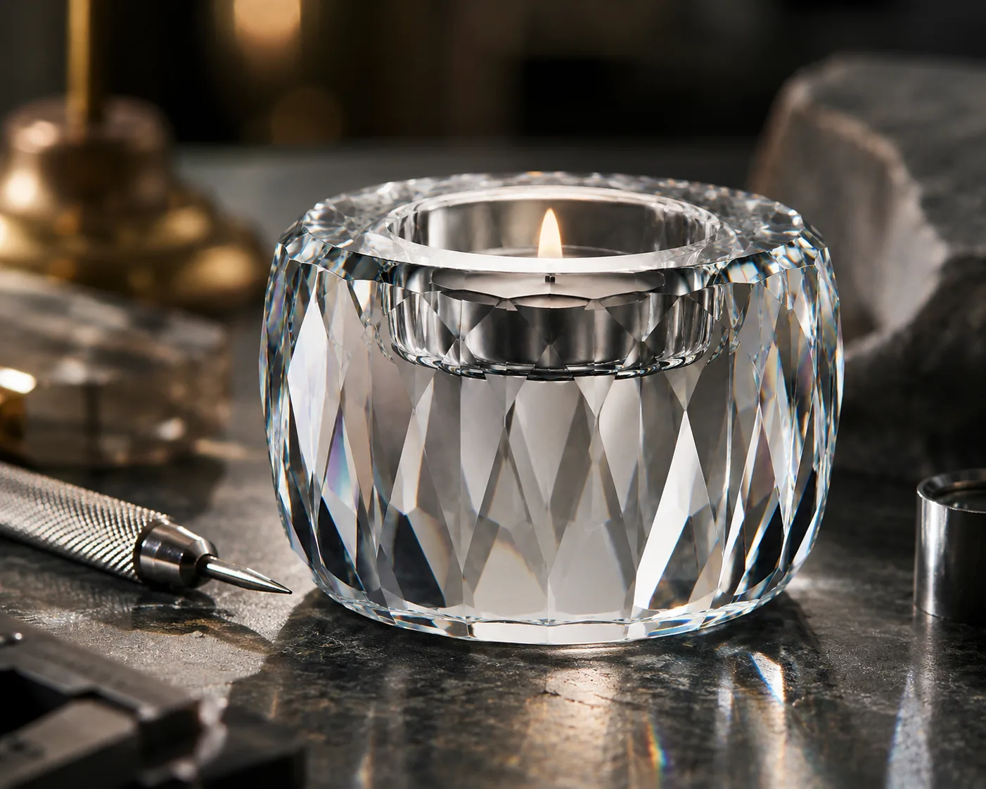 Cut Glass Tealight Holder in a hospitality or decorative display setting.