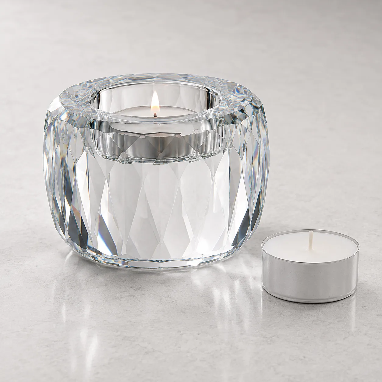 Angled side view of Cut Glass Tealight Holder showing the outer profile
