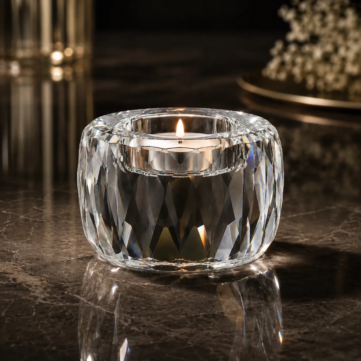 Detail view of Cut Glass Tealight Holder showing accessory confirmed according to selected model