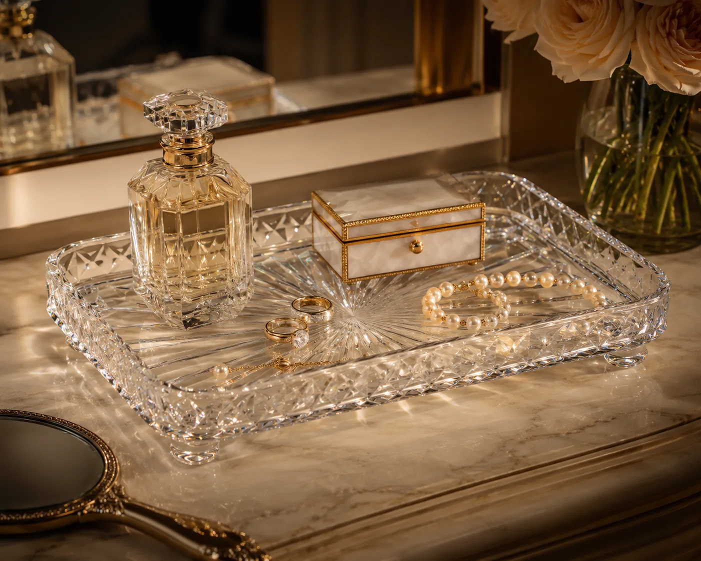 Cut Glass Vanity Tray in a tabletop presentation for vanity organization and jewelry display.