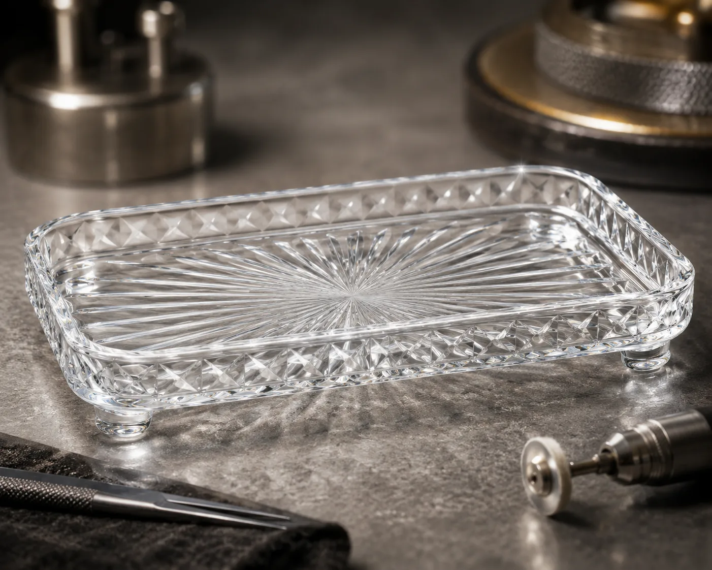 Cut Glass Vanity Tray in a hospitality or decorative display setting.