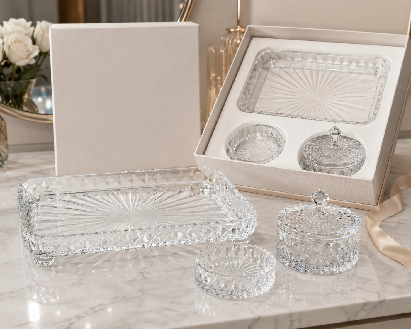Close-up of Cut Glass Vanity Tray showing the rim, base and faceted detail.