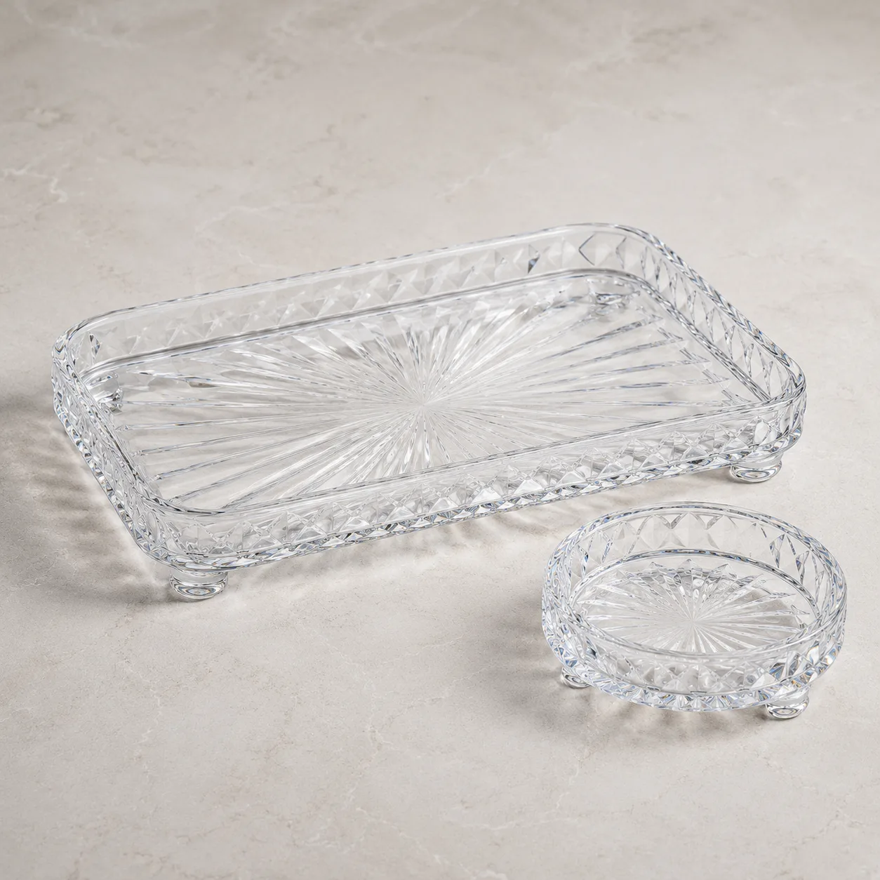 Angled side view of Cut Glass Vanity Tray showing the outer profile