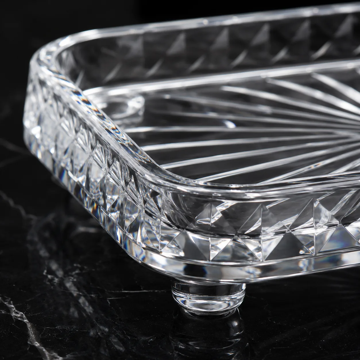Close view of Cut Glass Vanity Tray showing base detail and faceted surface detail