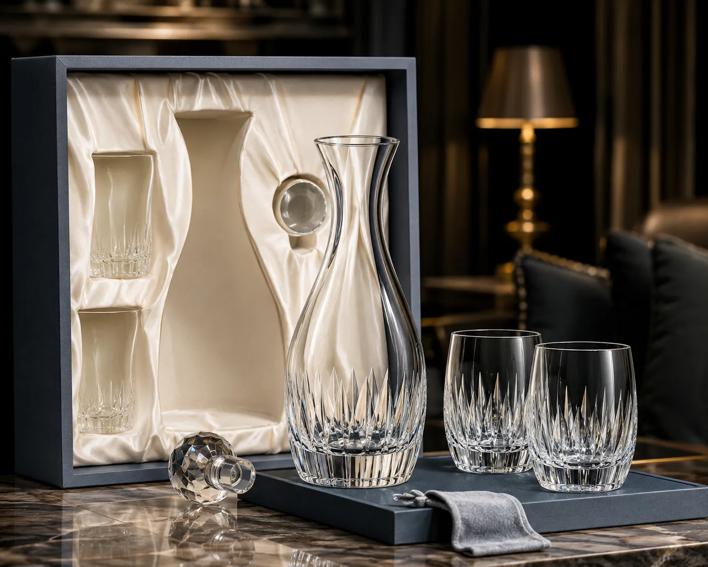 Close-up of Cut Glass Water Carafe showing the rim, base and faceted detail.