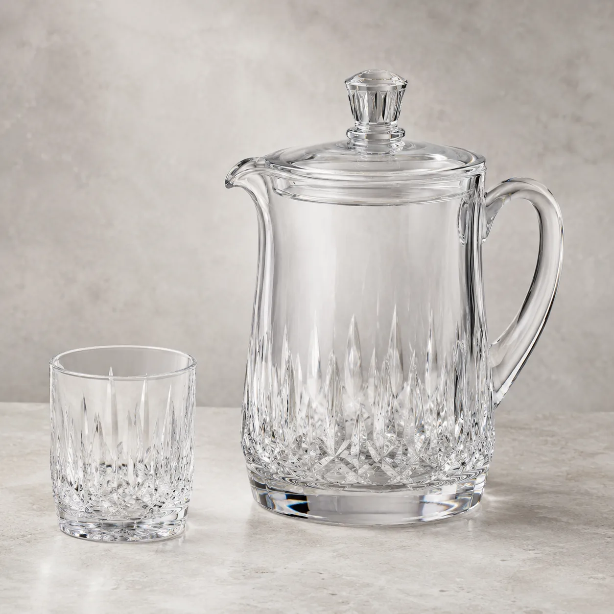 Angled side view of Cut Glass Water Pitcher showing the outer profile
