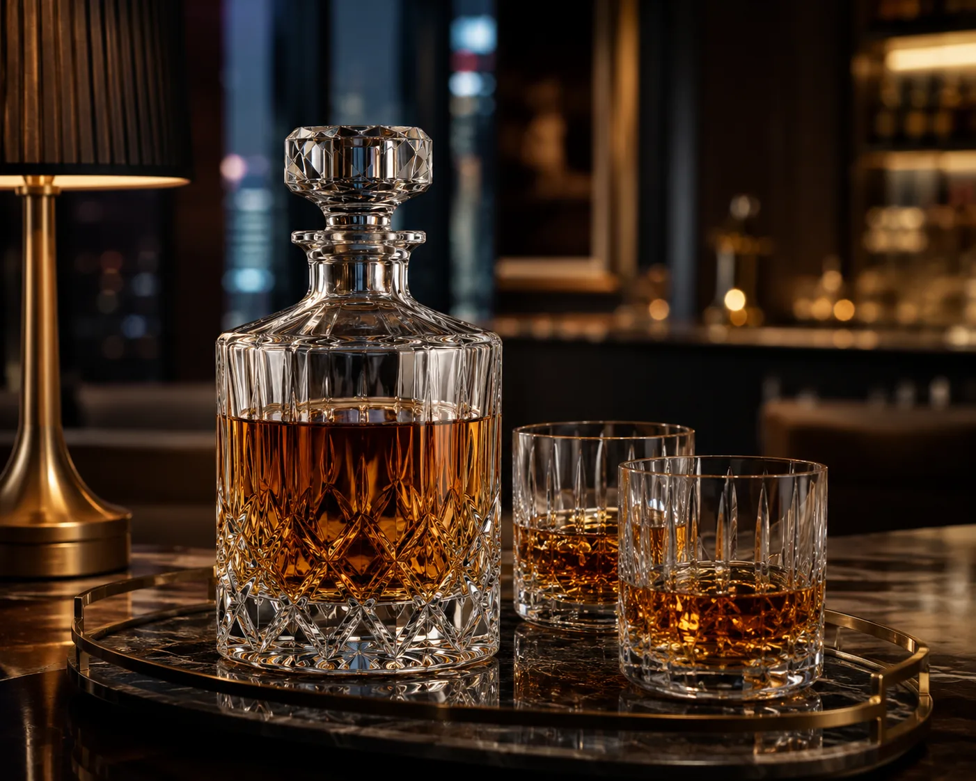 Cut Glass Whiskey Decanter in a tabletop presentation for whiskey service and bar display.
