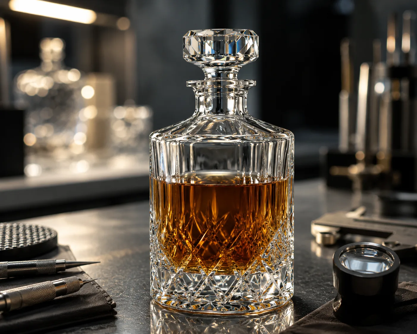 Cut Glass Whiskey Decanter in a hospitality or decorative display setting.