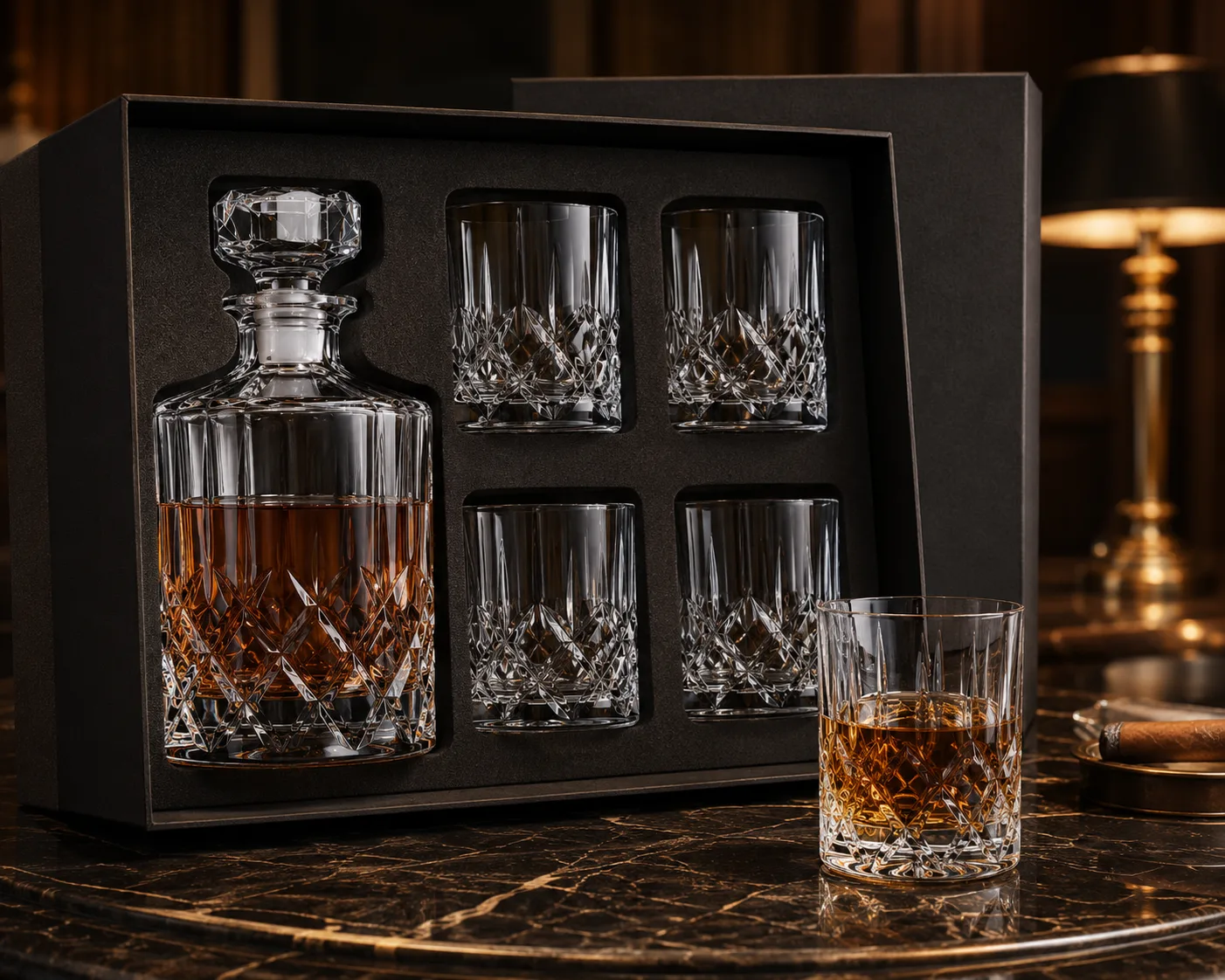 Close-up of Cut Glass Whiskey Decanter showing the rim, base and faceted detail.