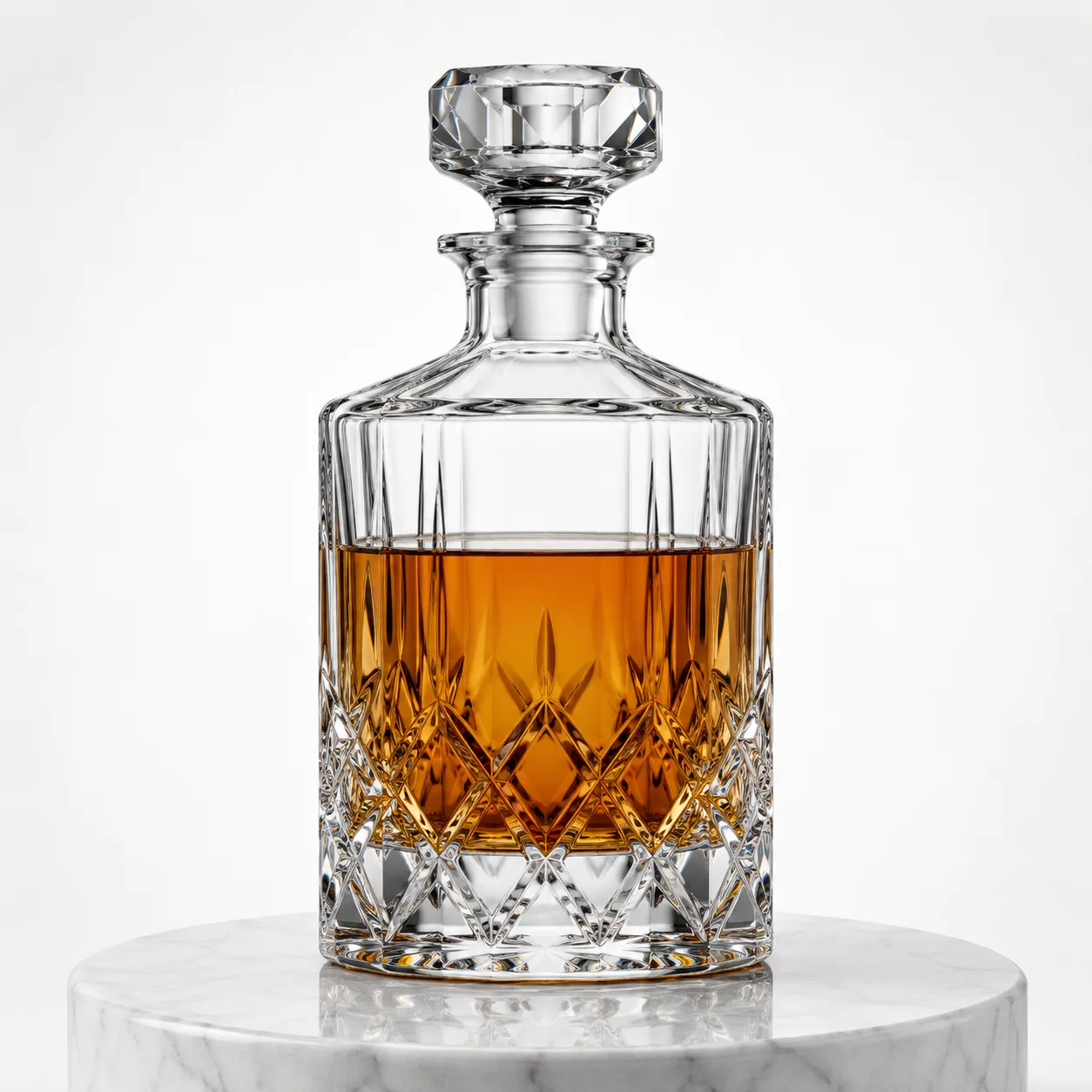 Cut Glass Whiskey Decanter front view with visible whiskey decanter serving form