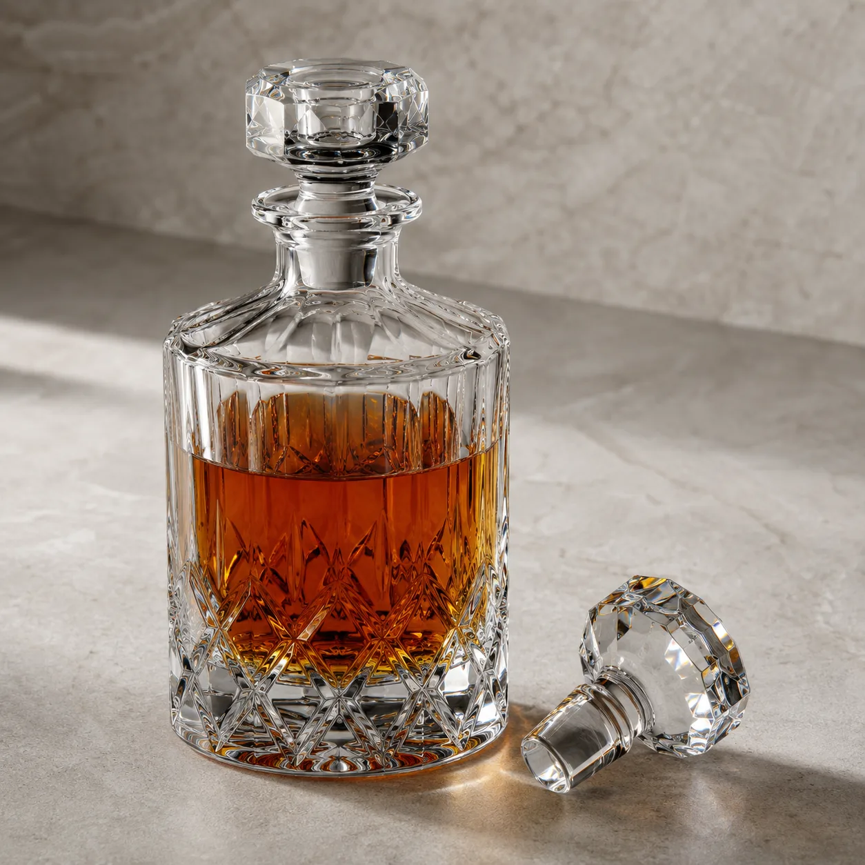 Angled side view of Cut Glass Whiskey Decanter showing the outer profile