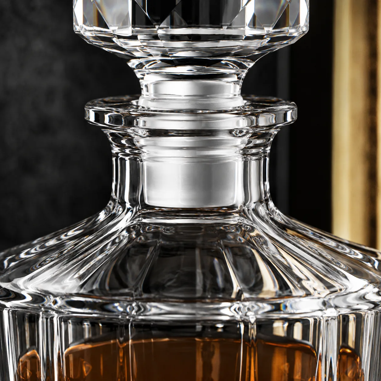 Close view of Cut Glass Whiskey Decanter showing base detail and faceted surface detail