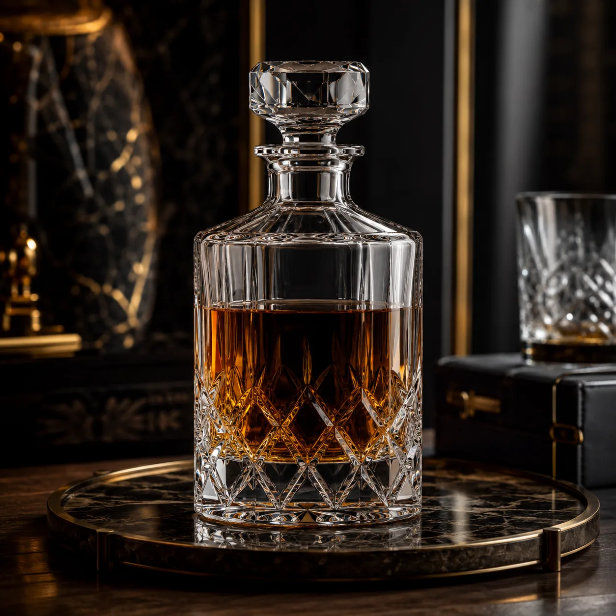 Detail view of Cut Glass Whiskey Decanter showing cork, bar top or cap by neck finish