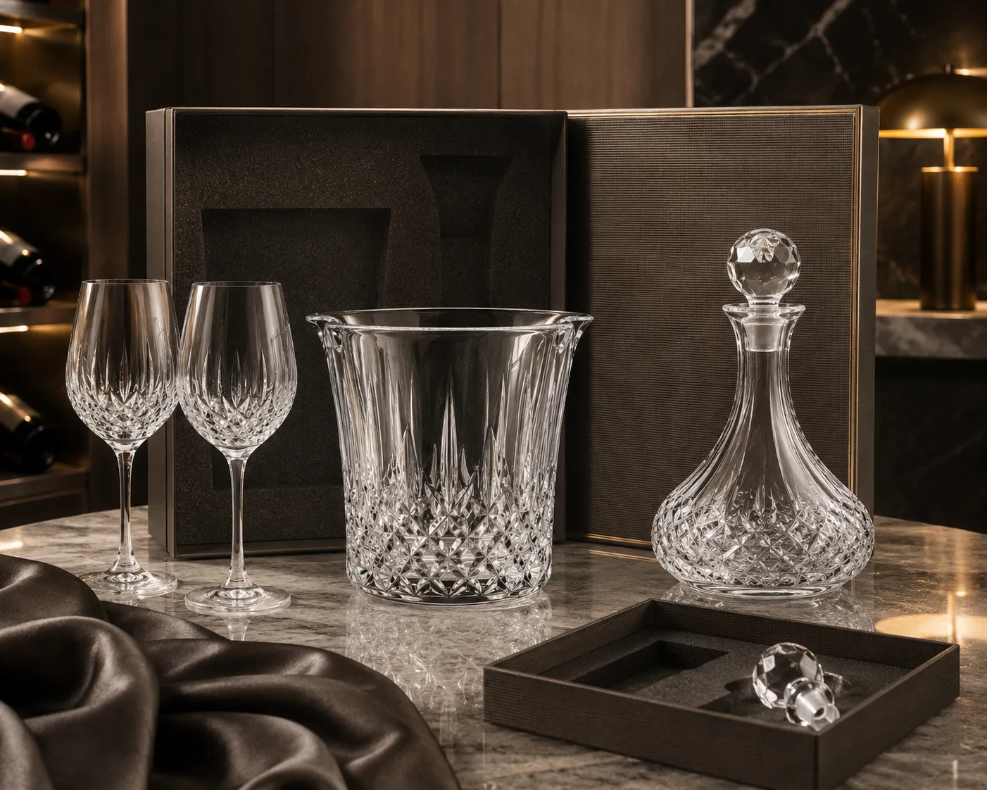 Close-up of Cut Glass Wine Chiller showing the rim, base and faceted detail.