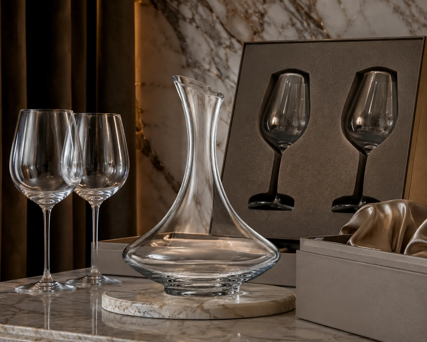 Close-up of Cut Glass Wine Decanter showing the rim, base and faceted detail.