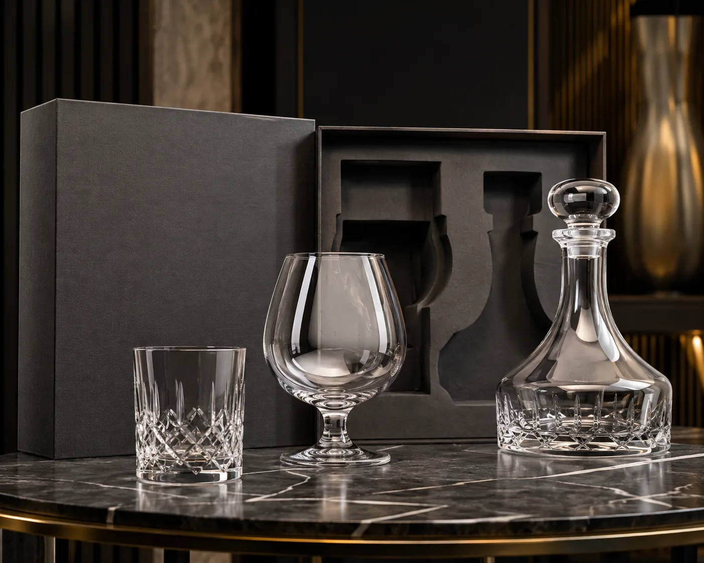 Close-up of Brandy Snifter Glass showing the rim, glass wall and base.