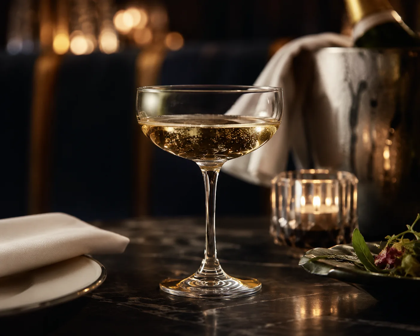 Champagne Coupe Glass in a beverage service setting for champagne and sparkling wine.