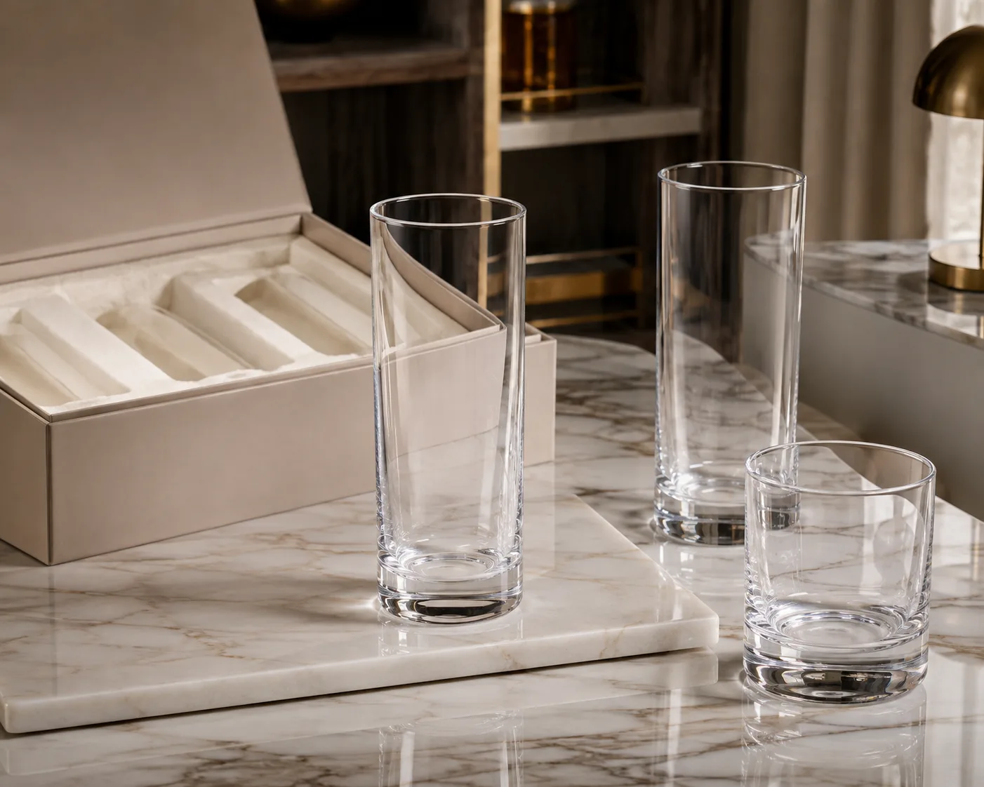 Close-up of Collins Glass showing the rim, glass wall and base.