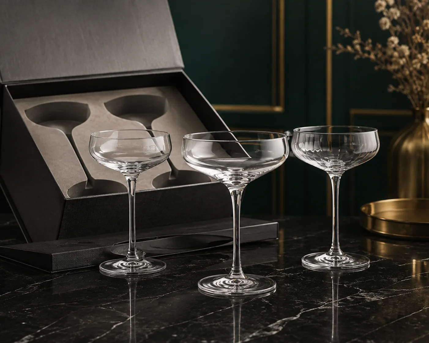 Close-up of Coupe Cocktail Glass showing the rim, glass wall and base.