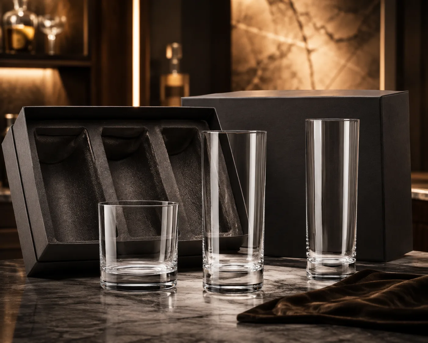 Close-up of Highball Glass showing the rim, glass wall and base.