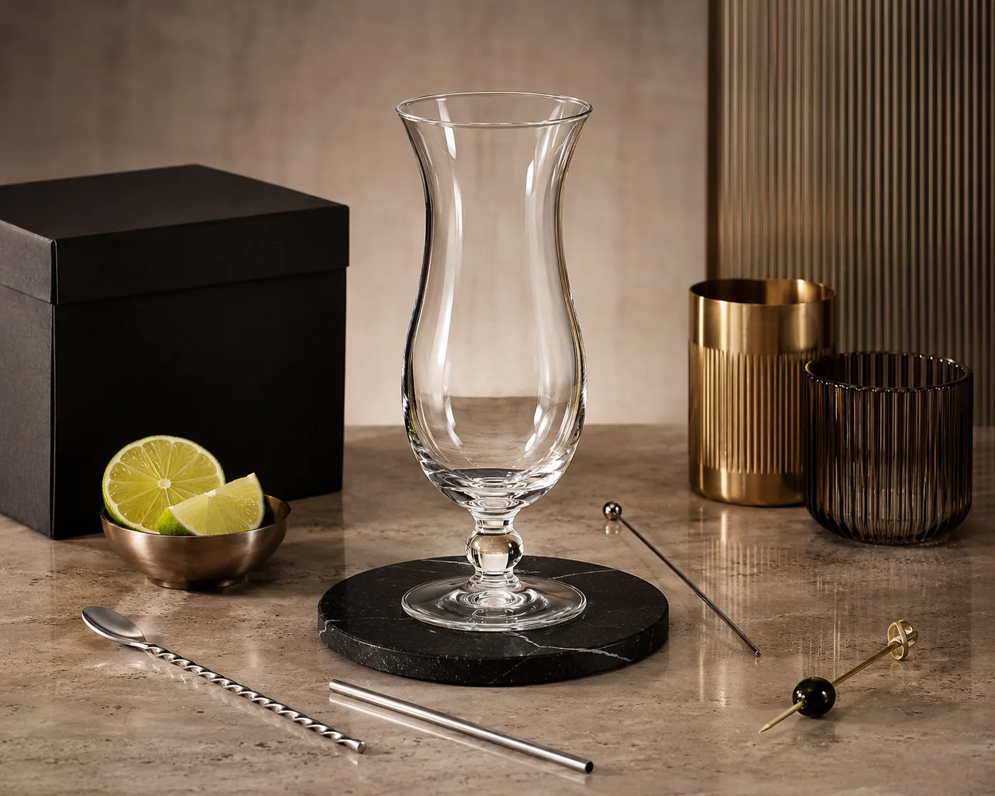 Hurricane Cocktail Glass shown from a secondary angle with the bowl and rim visible.