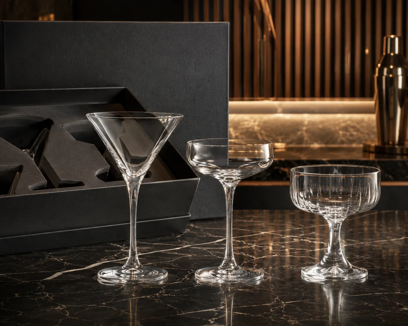 Close-up of Martini Glass showing the rim, glass wall and base.
