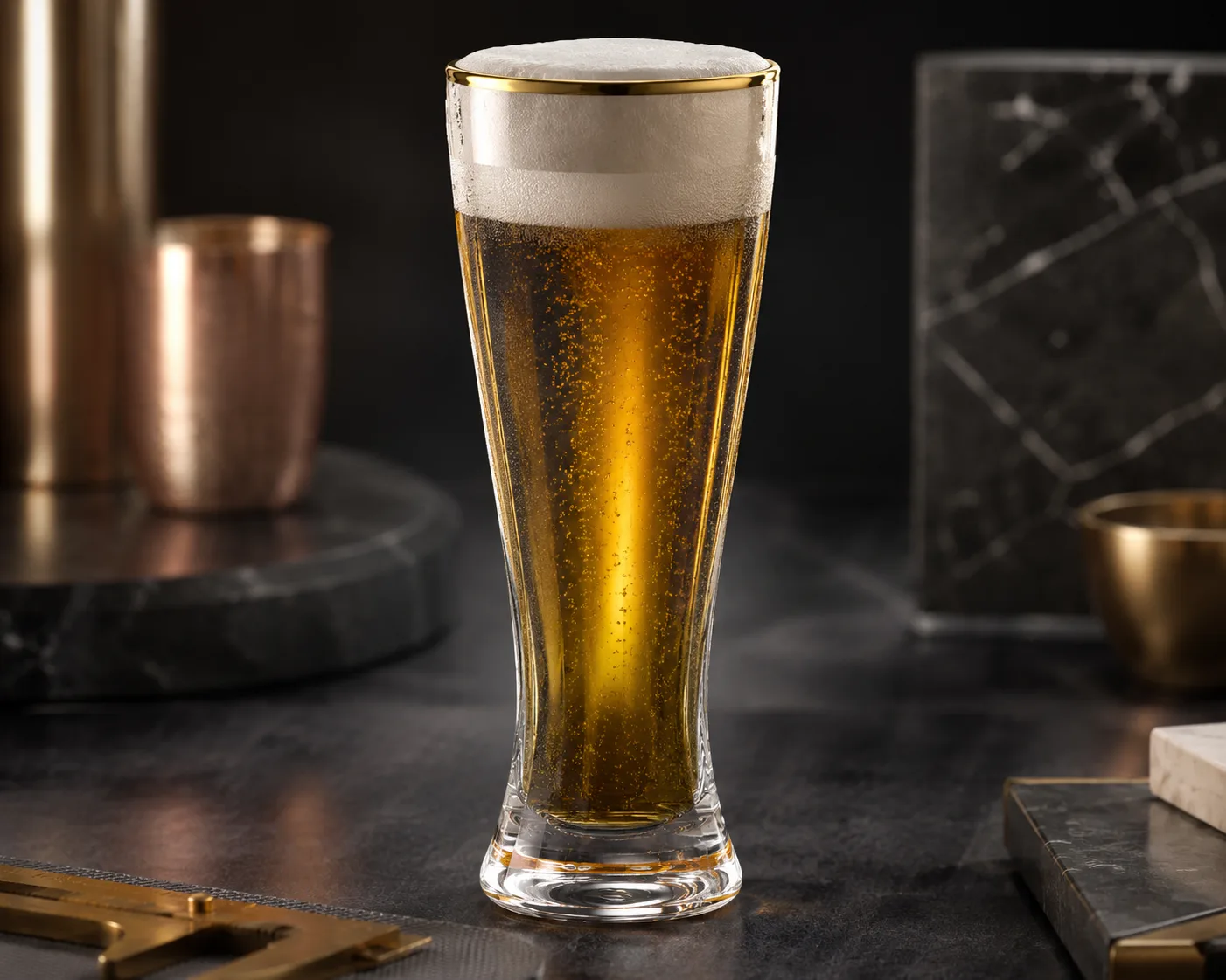 Pilsner Beer Glass in a beverage service setting for pilsner and lager beer service.