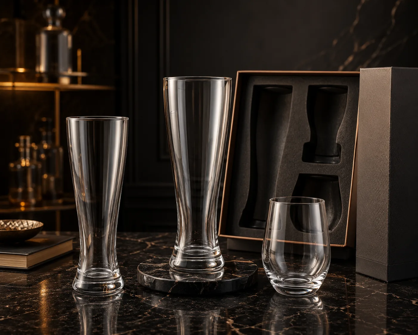 Close-up of Pilsner Beer Glass showing the rim, glass wall and base.
