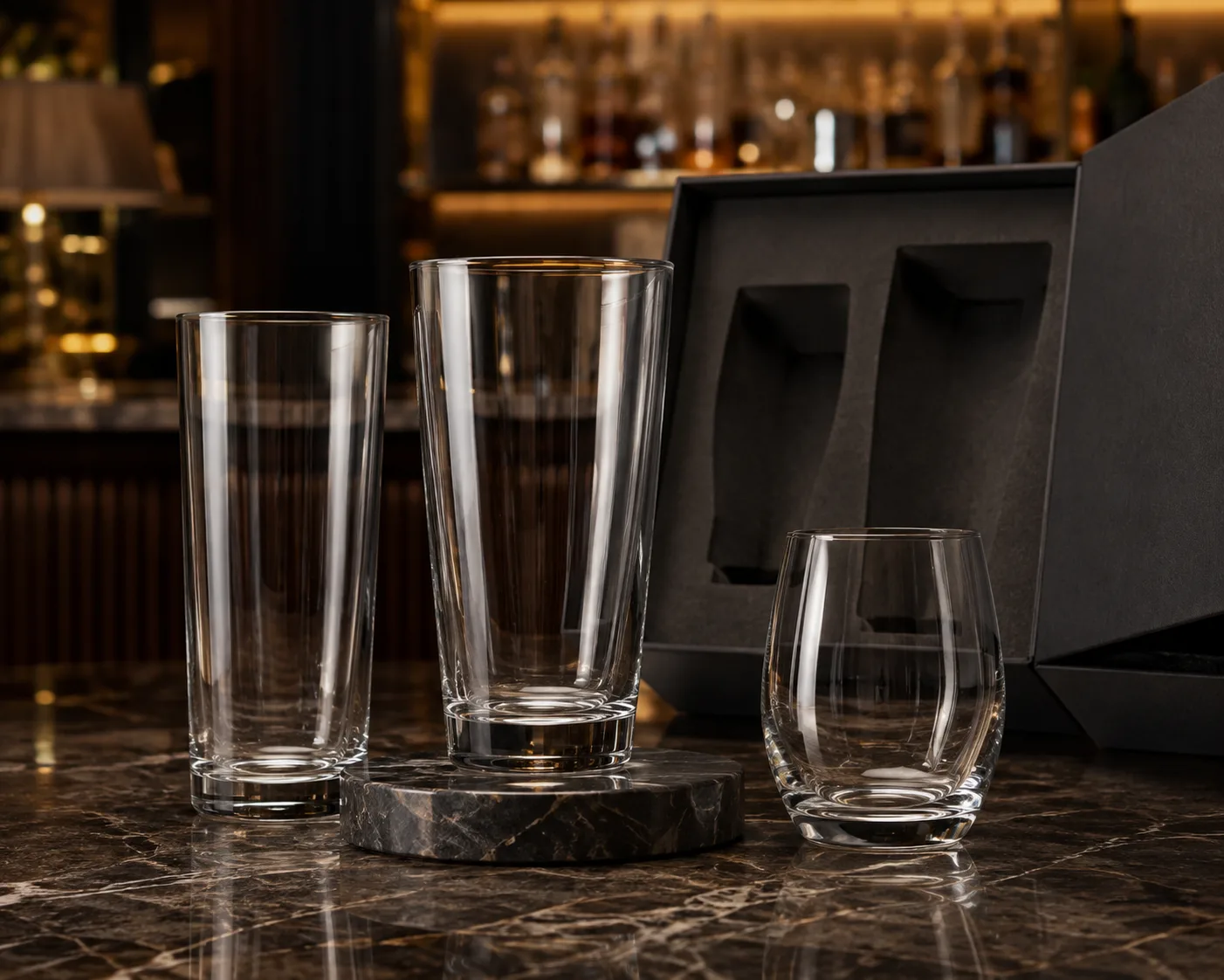 Close-up of Pint Beer Glass showing the rim, glass wall and base.