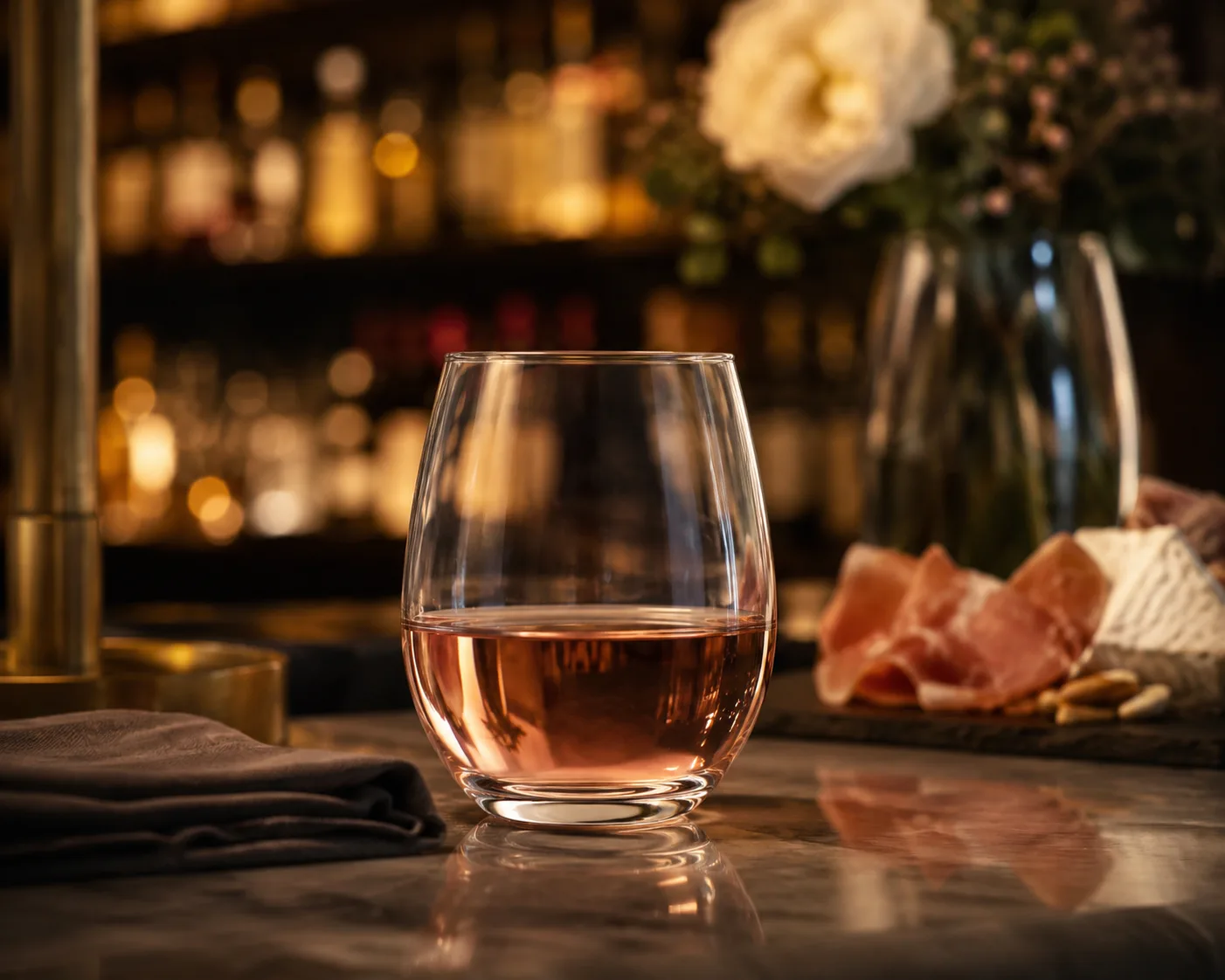 Stemless Wine Glass in a beverage service setting for wine and water.