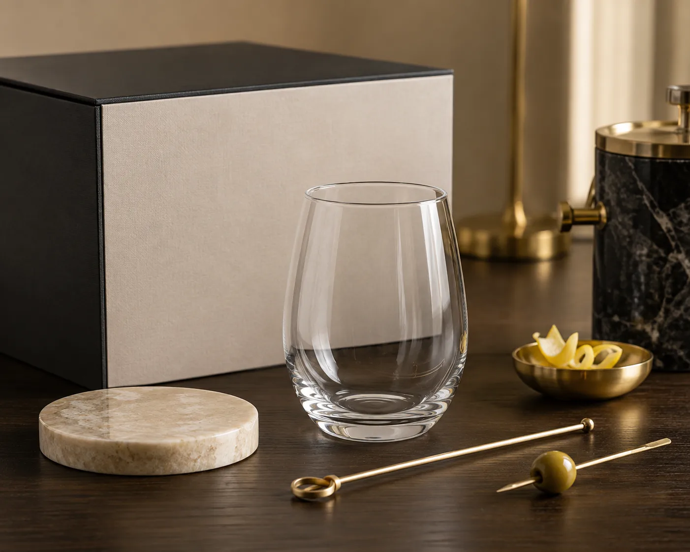 Stemless Wine Glass shown from a secondary angle with the bowl and rim visible.