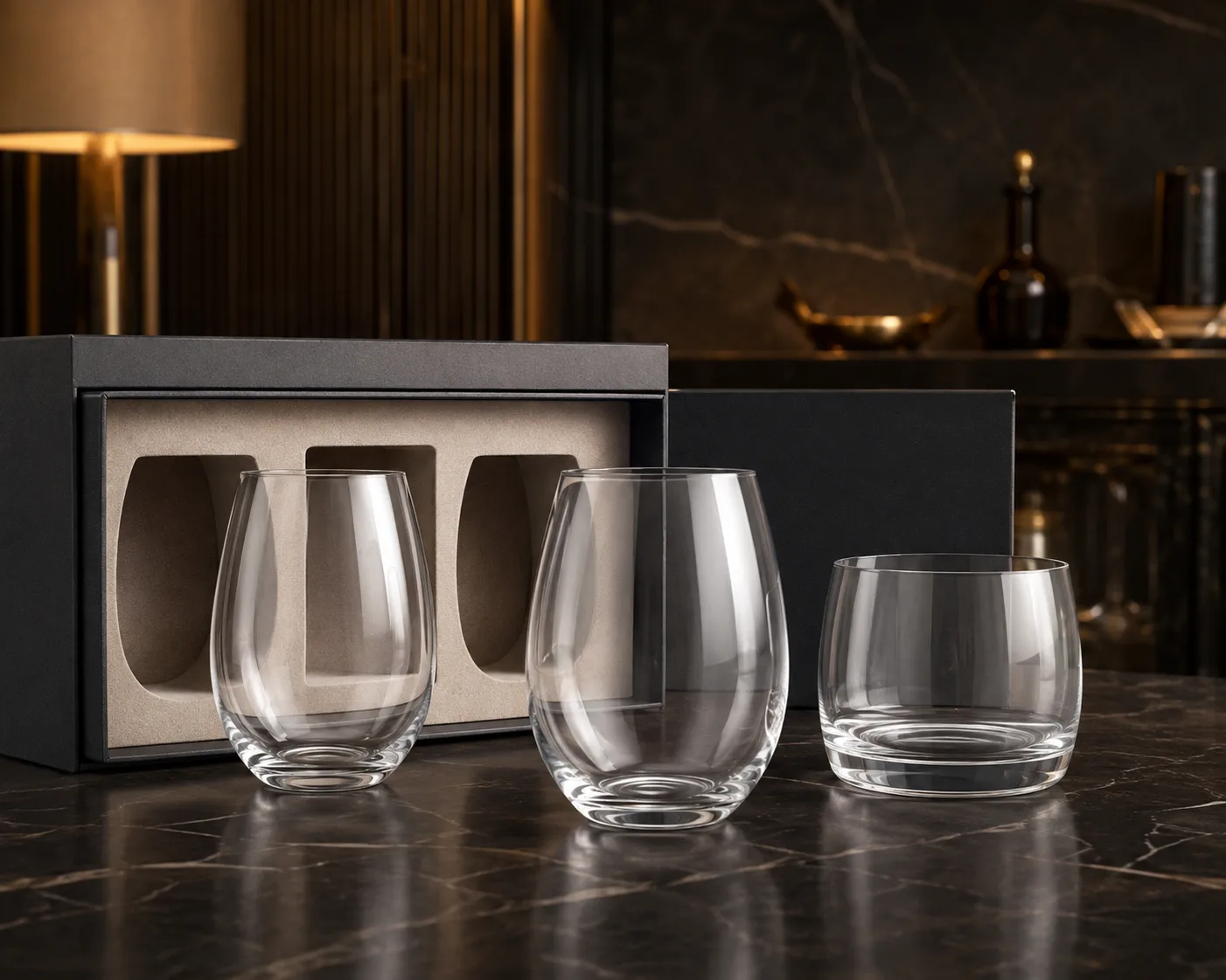 Close-up of Stemless Wine Glass showing the rim, glass wall and base.