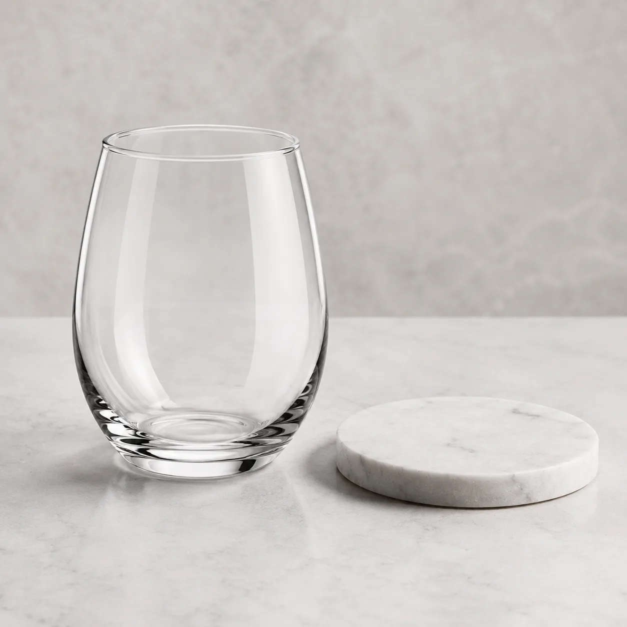 Angled side view of Stemless Wine Glass showing the outer profile