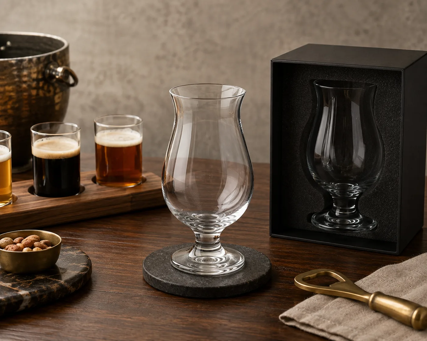 Tulip Beer Glass shown from a secondary angle with the bowl and rim visible.
