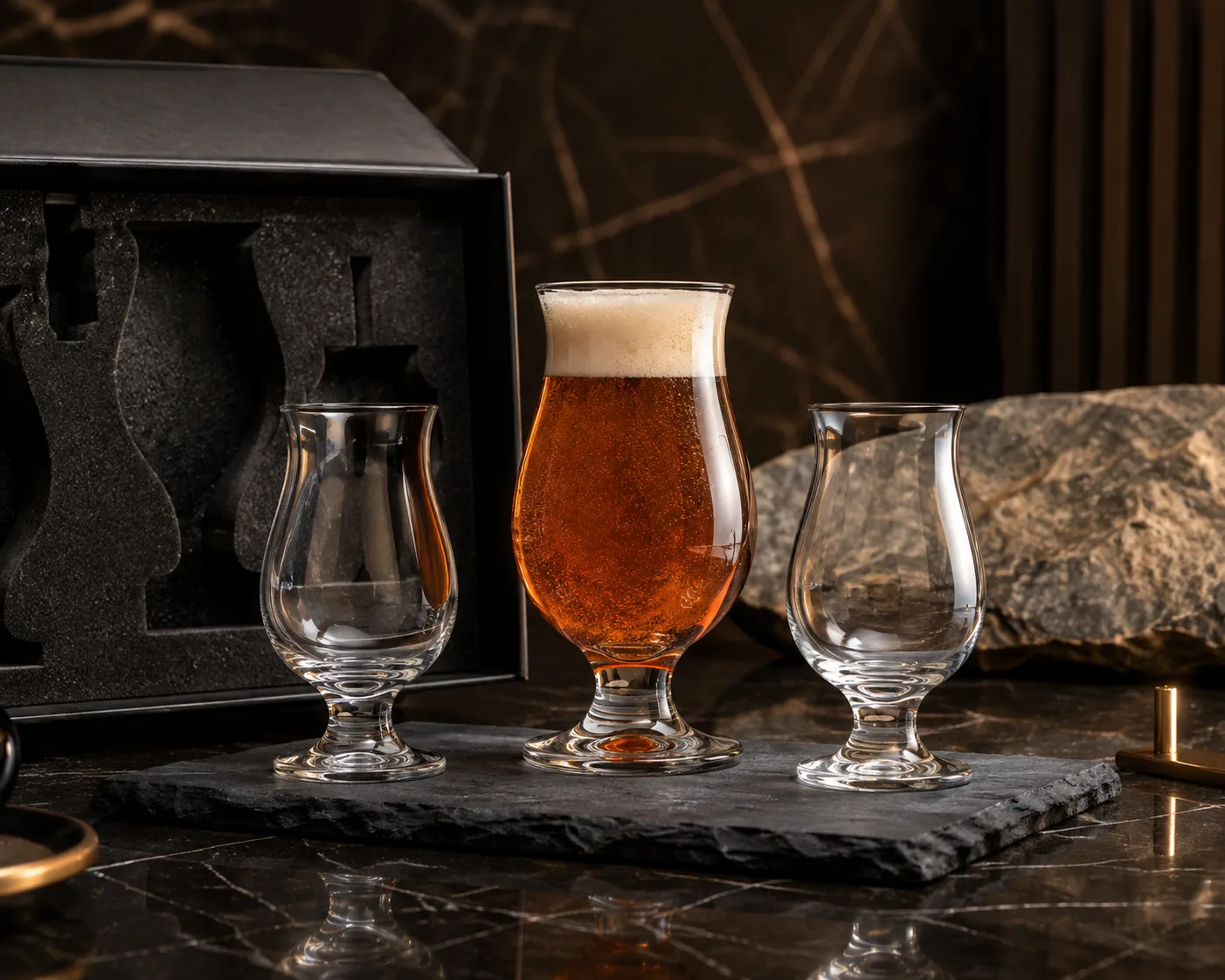 Close-up of Tulip Beer Glass showing the rim, glass wall and base.