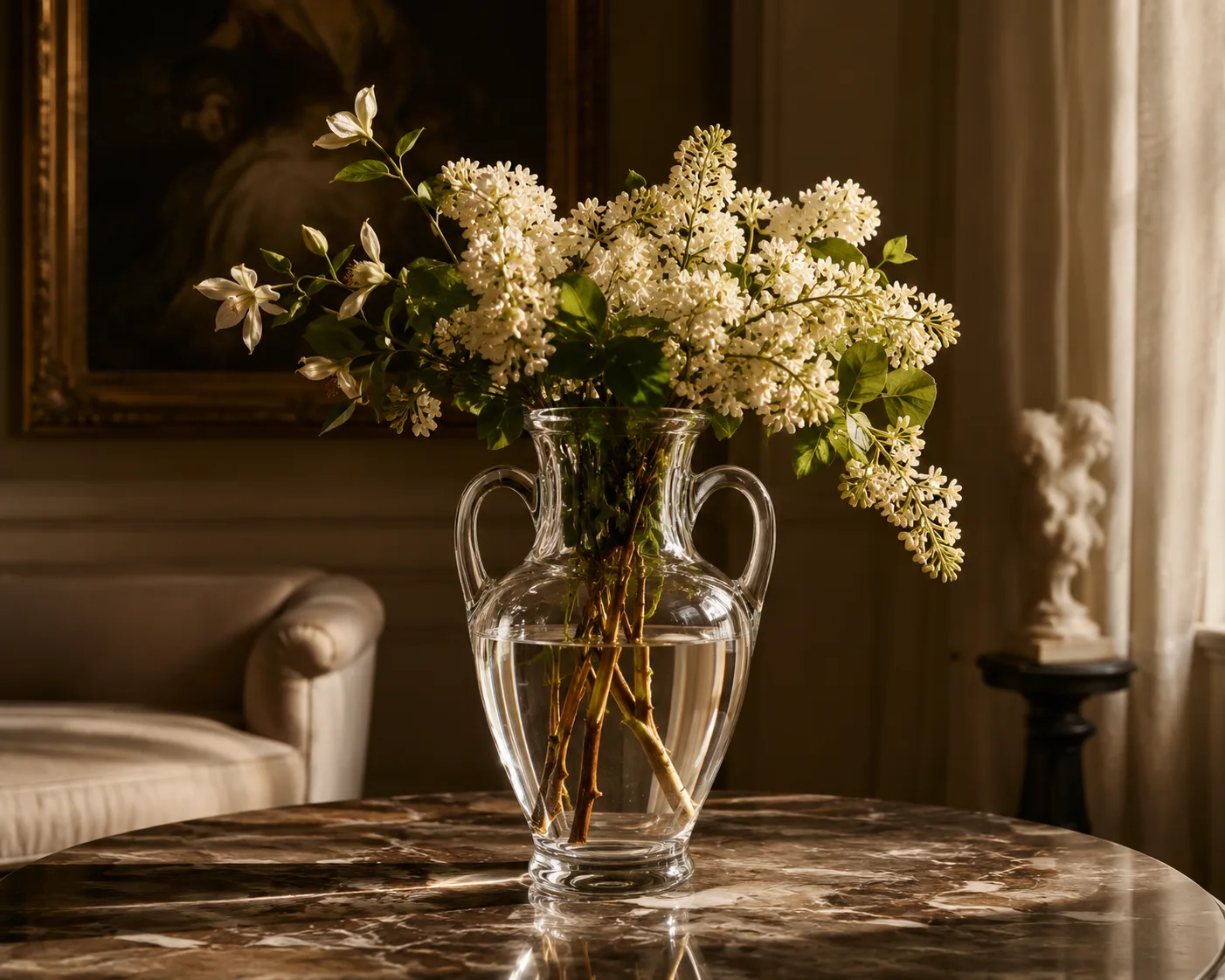 Glass Amphora Vase in a decorative floral setting for floral arrangements and decorative interiors.