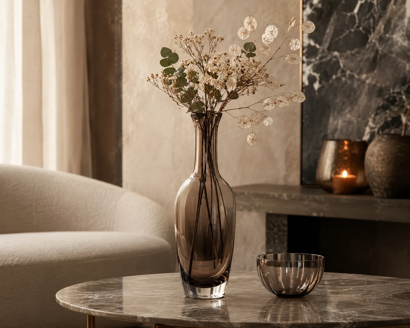 Glass Bottle-Shaped Vase in a decorative floral setting for single stems and decorative interiors.