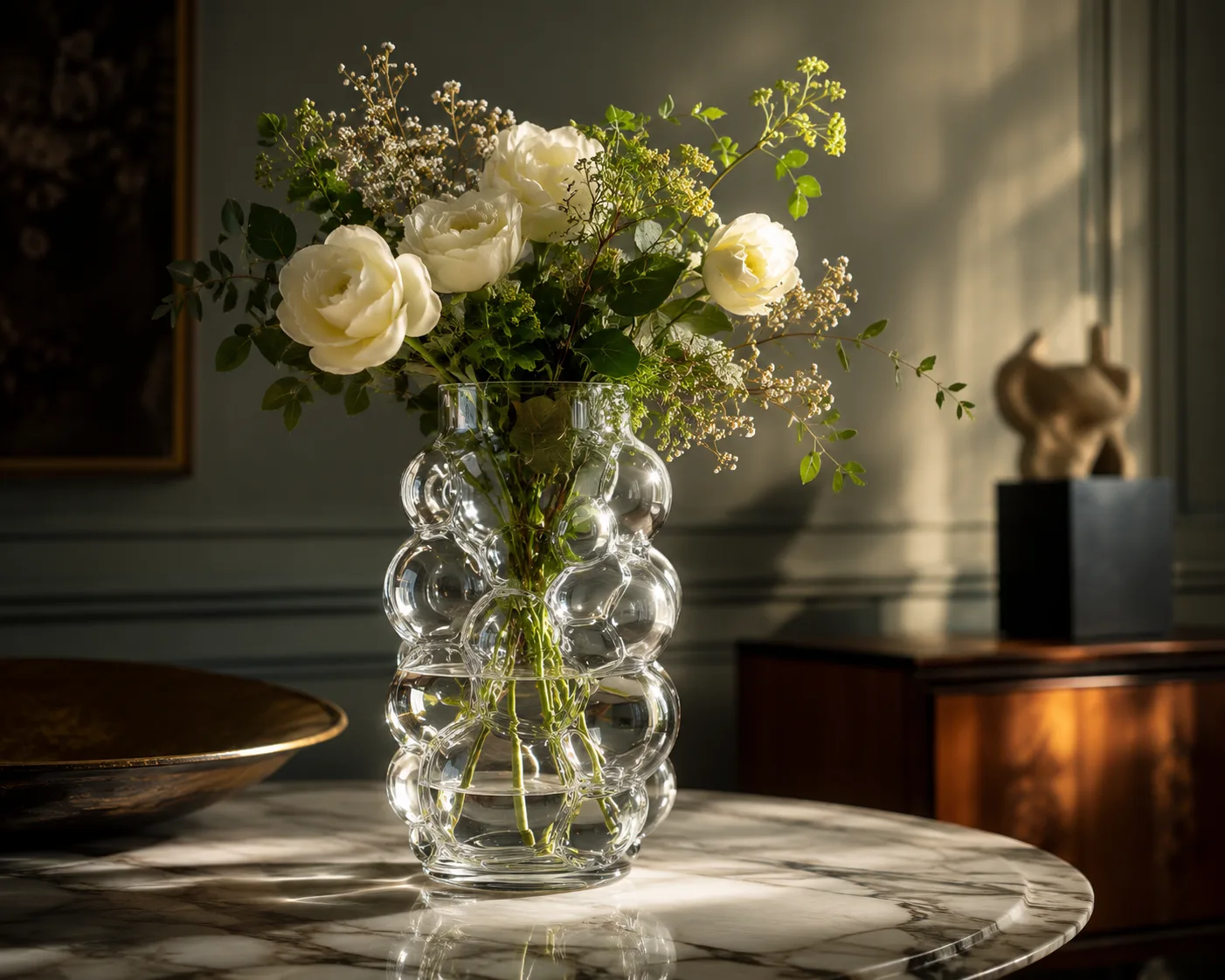 Glass Bubble Vase in a decorative floral setting for compact floral arrangements and tabletop decor.
