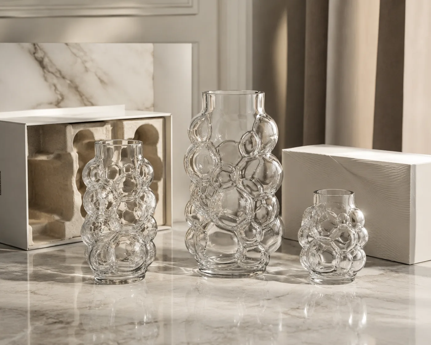 Close-up of Glass Bubble Vase showing the rim, surface and base detail.