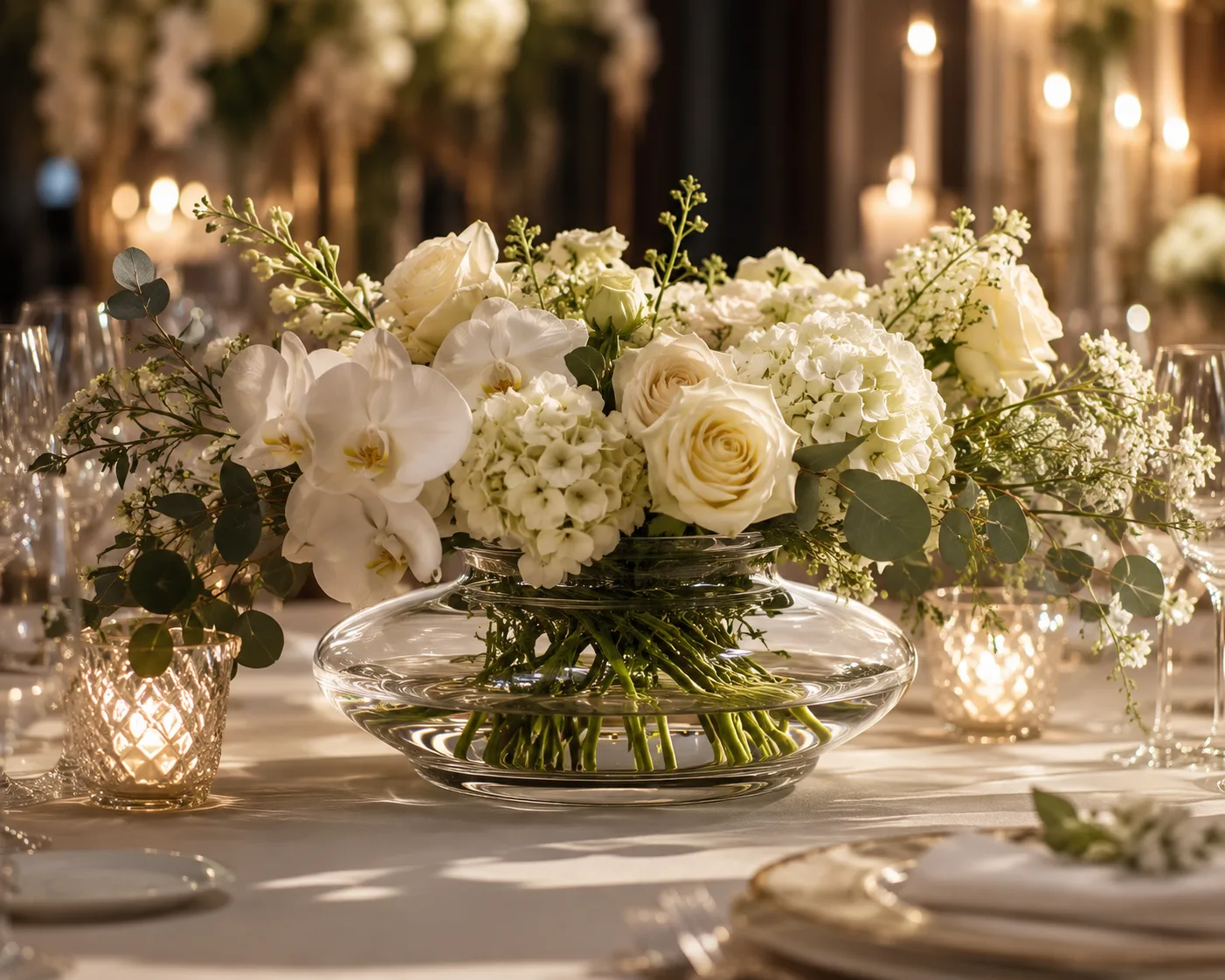Glass Centerpiece Vase in a decorative floral setting for event centerpieces and floral arrangements.