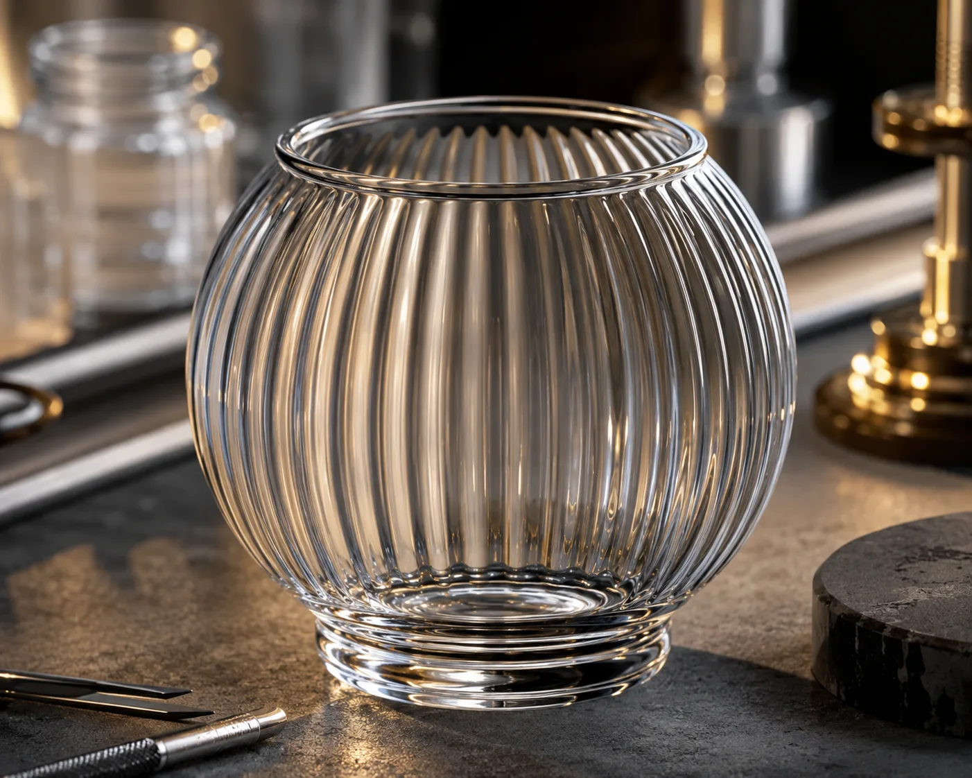 Glass Fish Bowl Vase in a coordinated tabletop or interior display.