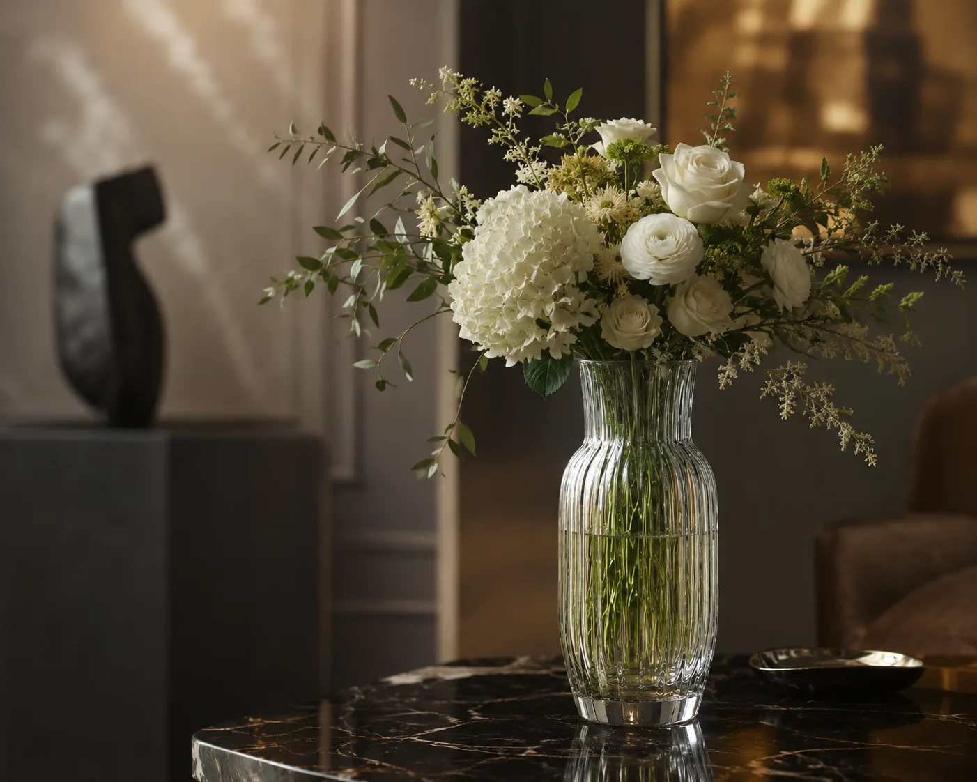 Glass Fluted Vase in a decorative floral setting for floral arrangements and textured tabletop decor.