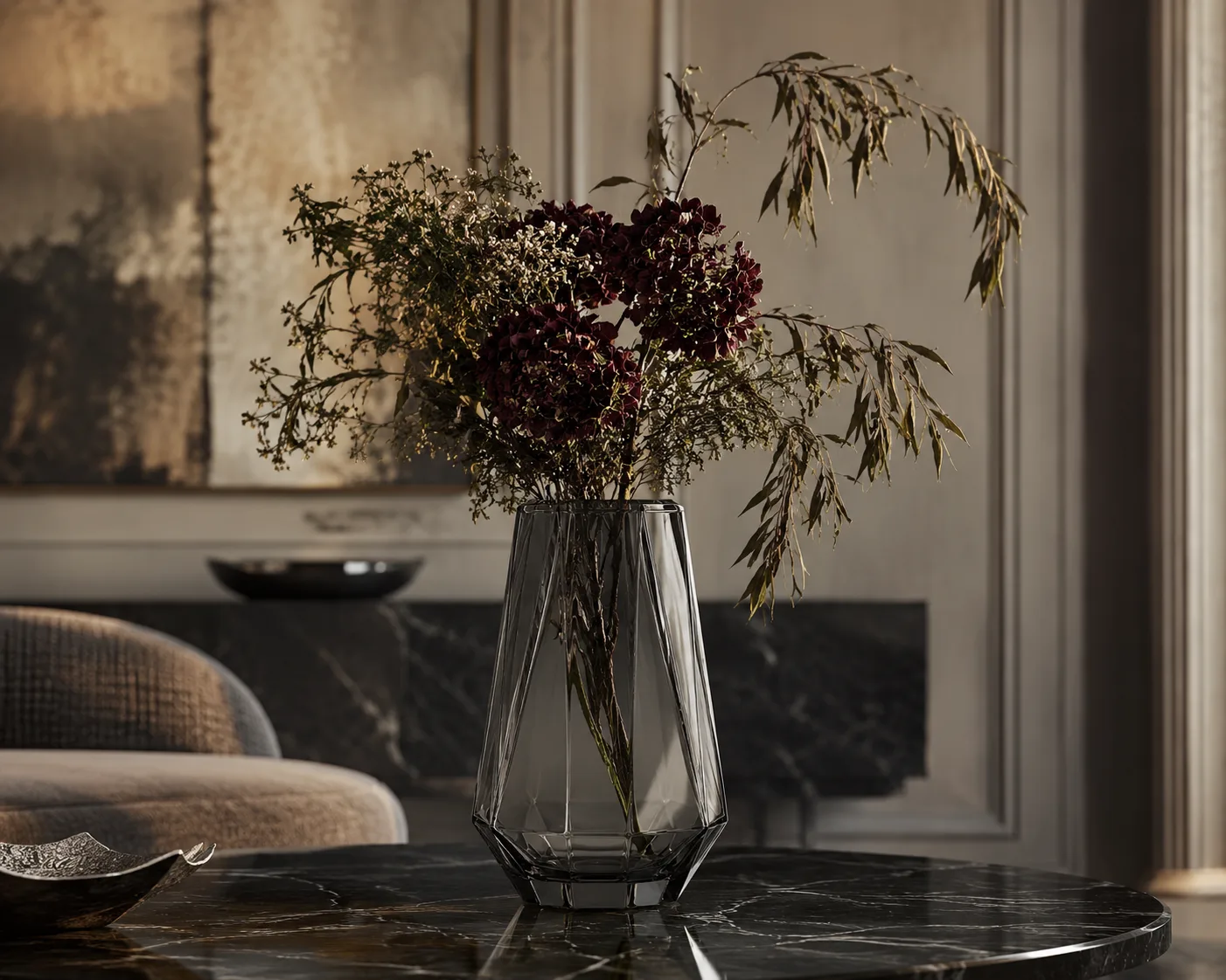 Glass Geometric Vase in a decorative floral setting for modern floral arrangements and interior displays.