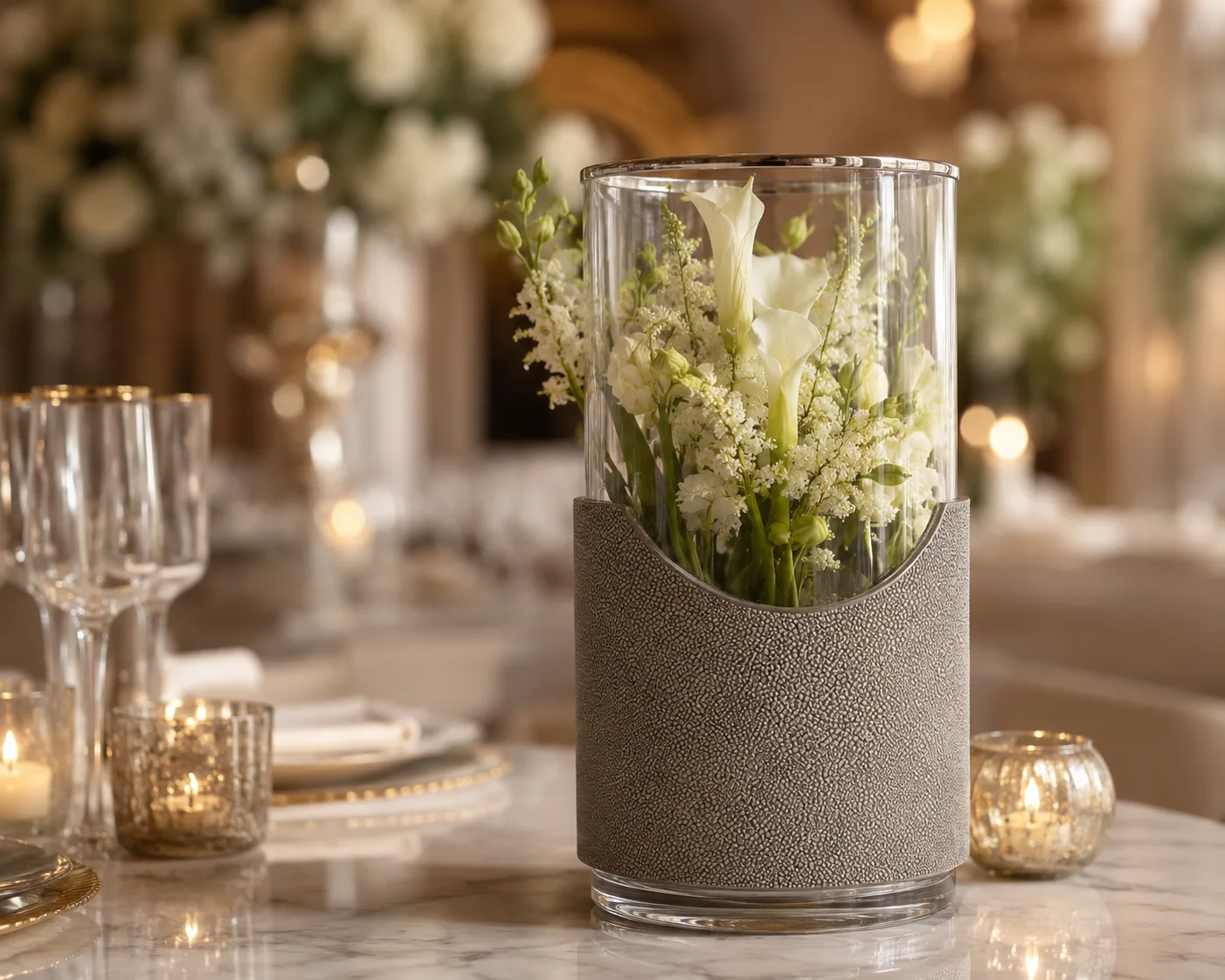 Glass Hurricane Vase in a decorative floral setting for large floral arrangements and event centerpieces.